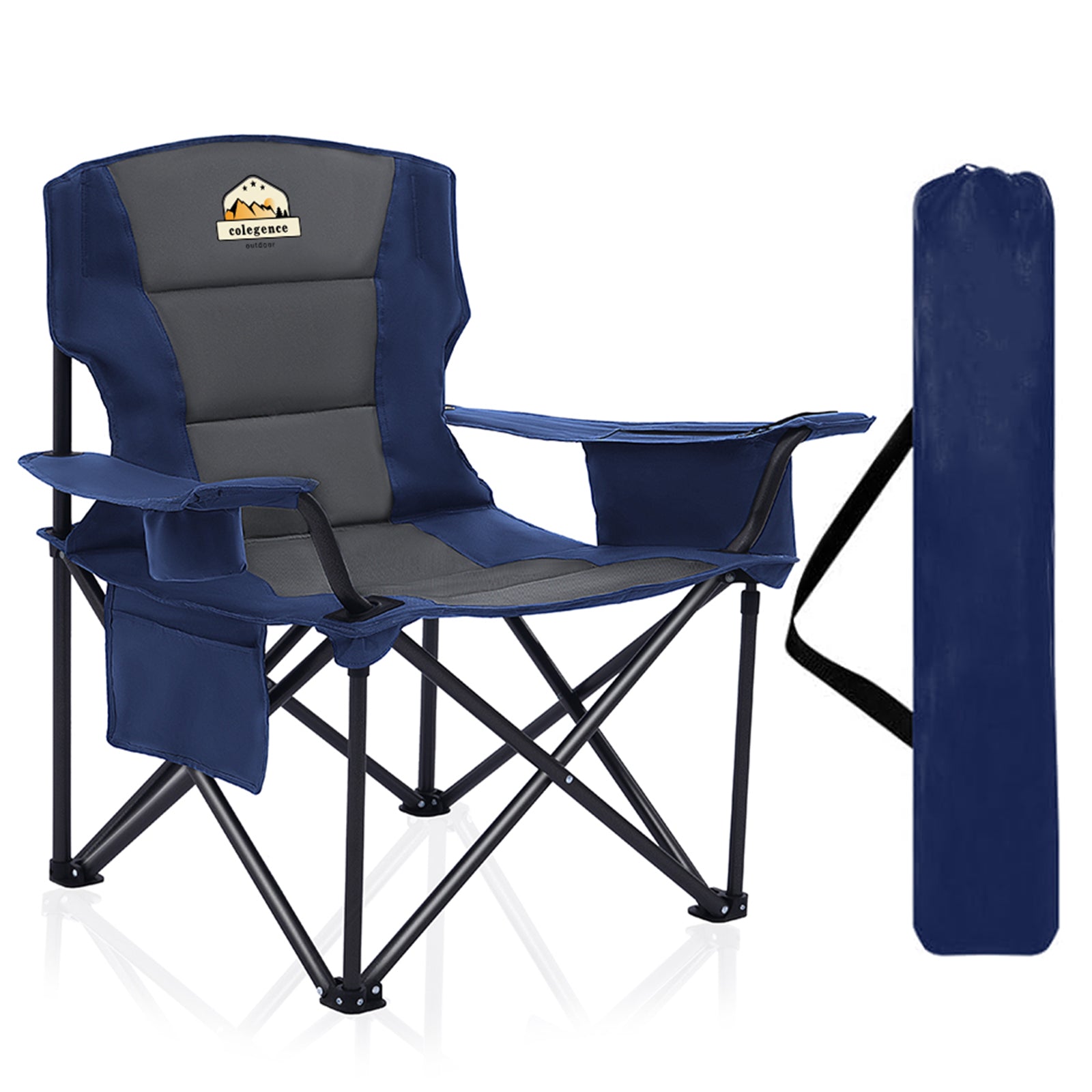 Oversized Folding Camping Chairs - 450 LBS Support Heavy Duty Camp Chair with Padded Cushion, Portable Outside Chairs with Carry Bag，Cooler, Cup Holder for Outdoor, Lawn, Sports - Blue