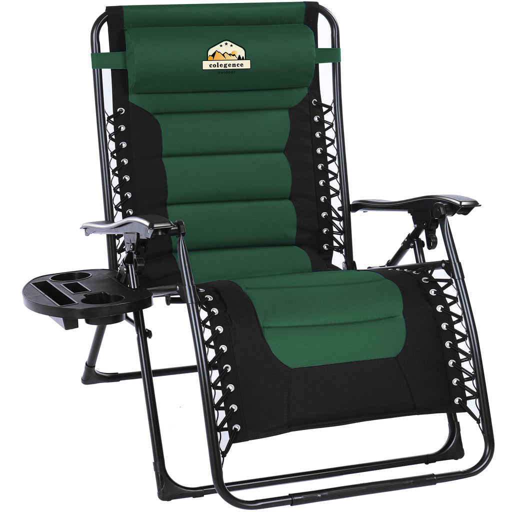 Oversized Padded Zero Gravity Lounge Chair, Foldable Patio Anti Gravity Reclining Chairs Folding Lawn Recliner with Cup Holder for Yard, Camping, Outdoor, Support 350 LBS, Green