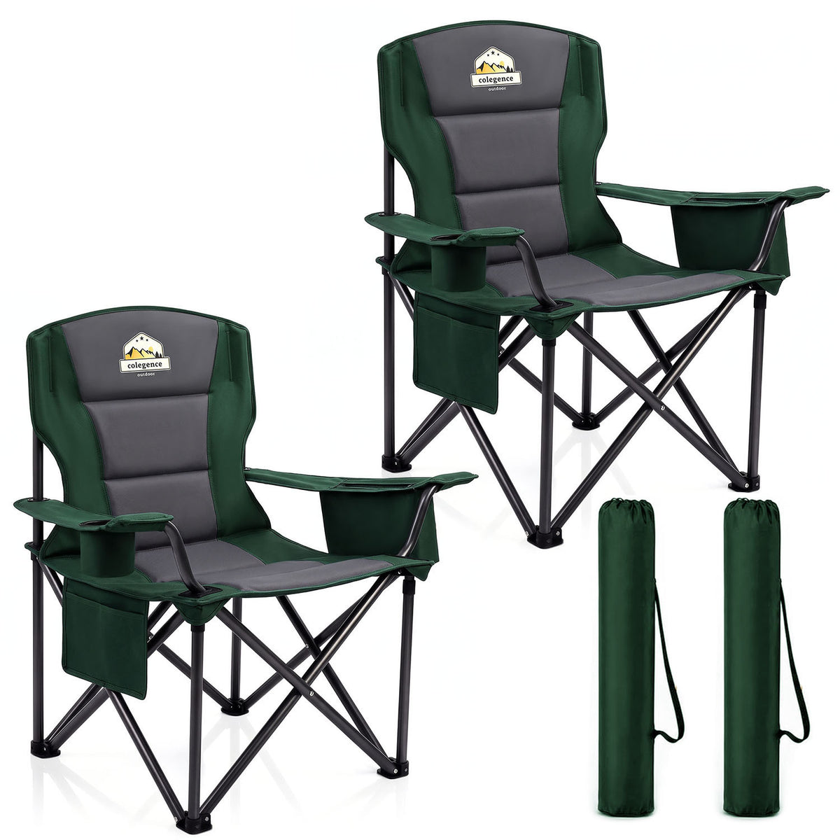Oversized Folding Camping Chairs 2 Pack - 450 LBS Support Heavy Duty Camp Chair with Padded Cushion, Portable Outside Chairs with Carry Bag，Cooler, Cup Holder for Outdoor, Lawn, Sports - Green