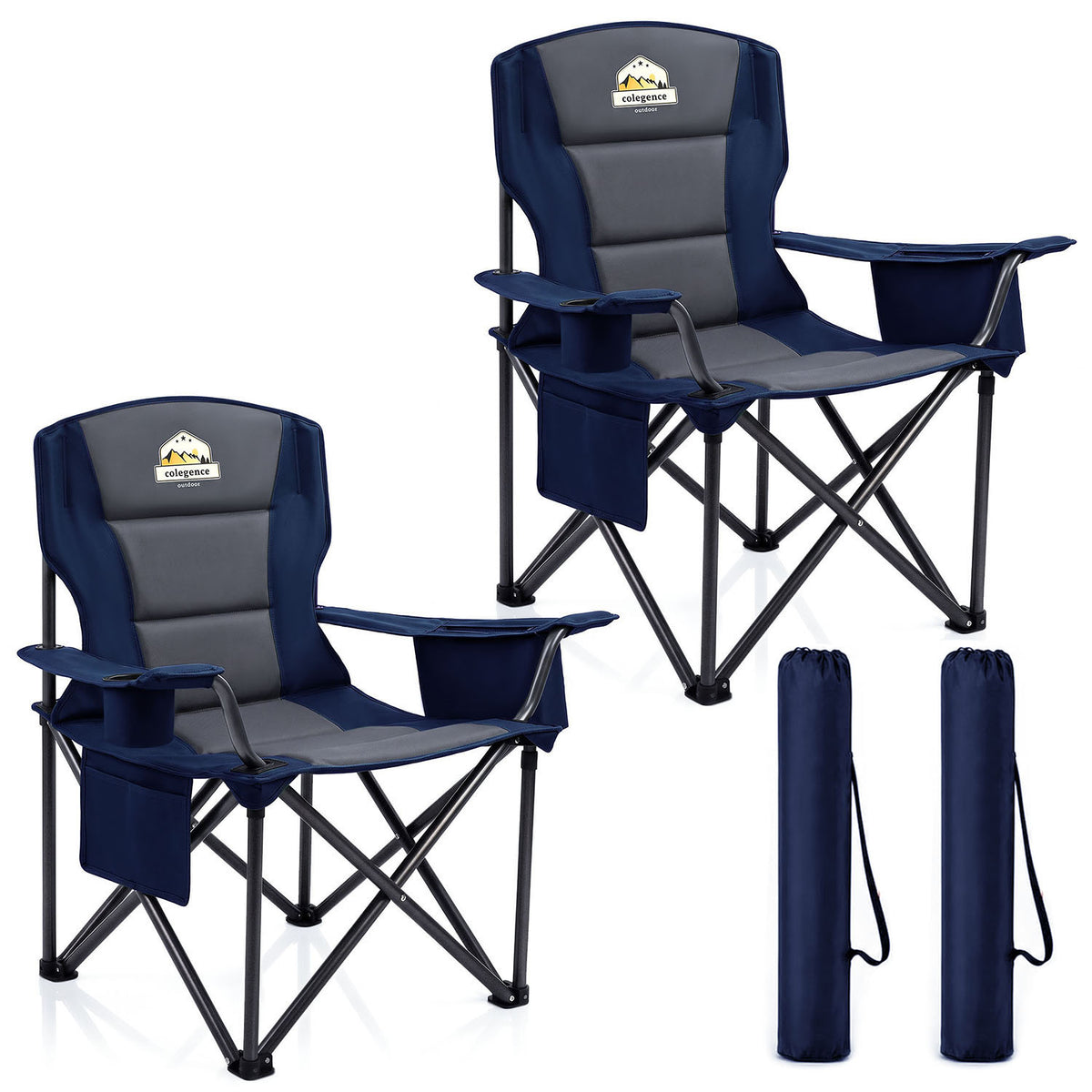 Oversized Folding Camping Chairs 2 Pack - 450 LBS Support Heavy Duty Camp Chair with Padded Cushion, Portable Outside Chairs with Carry Bag，Cooler, Cup Holder for Outdoor, Lawn, Sports - Blue