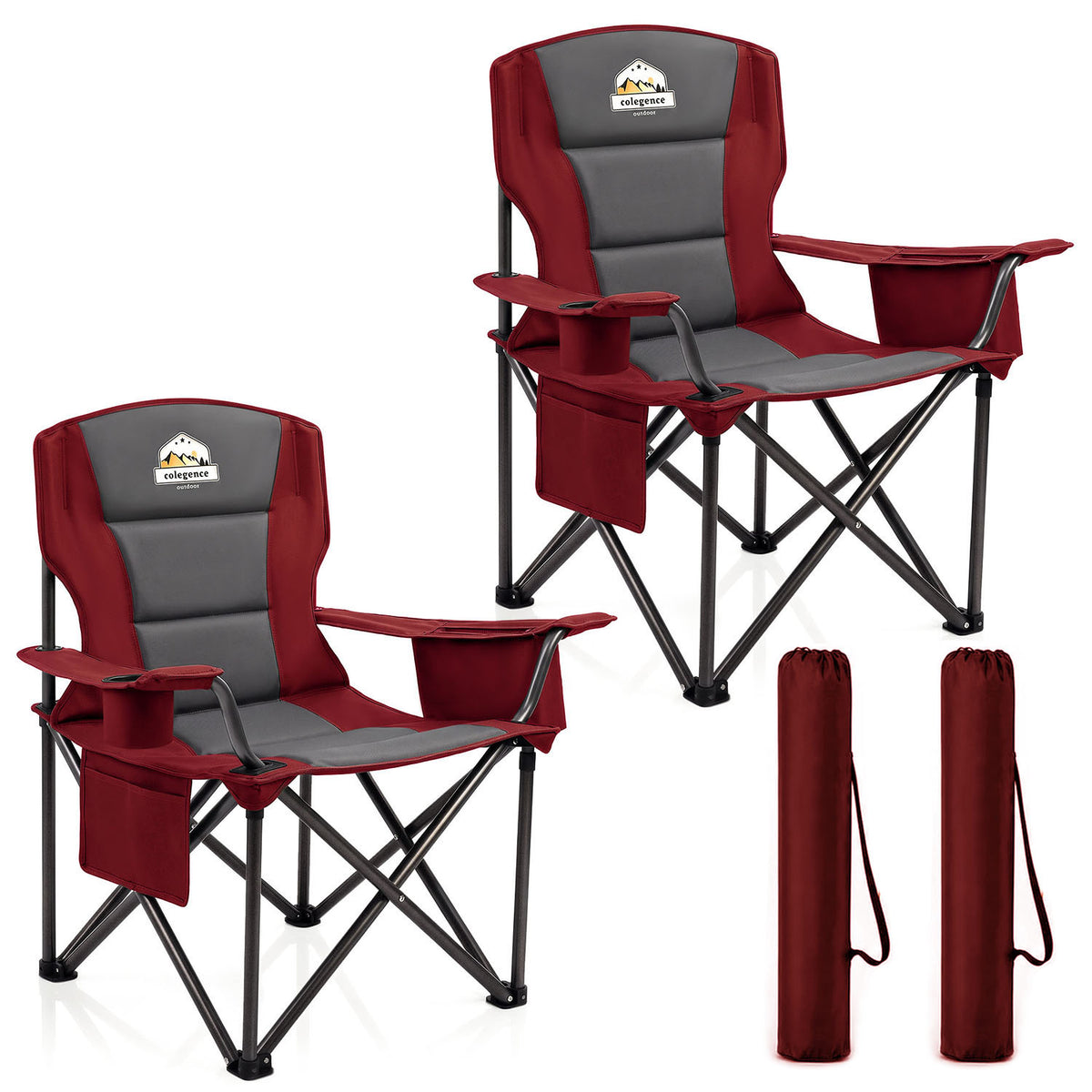 Oversized Folding Camping Chairs 2 Pack- 450 LBS Support Heavy Duty Camp Chair with Padded Cushion, Portable Outside Chairs with Carry Bag，Cooler, Cup Holder for Outdoor, Lawn, Sports - Red