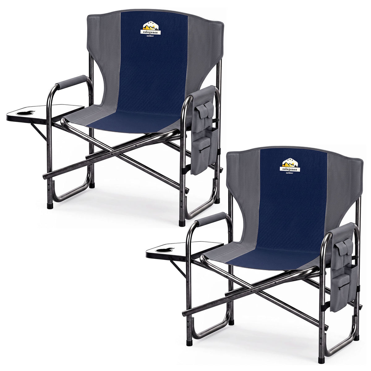 Oversized Directors Camping Chair 2 Pack Support 600 LBS, Heavy Duty Folding Outdoor Chairs with Detachable Side Pocket and Adjustable Side Table for Outside Beach,Lawn,Fishing (Blue)