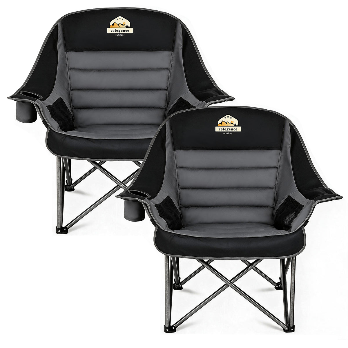 Oversized XL Padded Camping Chair Set of 2 Wide Heavy Duty Lawn Chairs Support 450 LBS Portable Folding Gaint Camp Chair with Side Pocket Cup Holder for Outdoor Outside Sports Baseball-Black&Grey