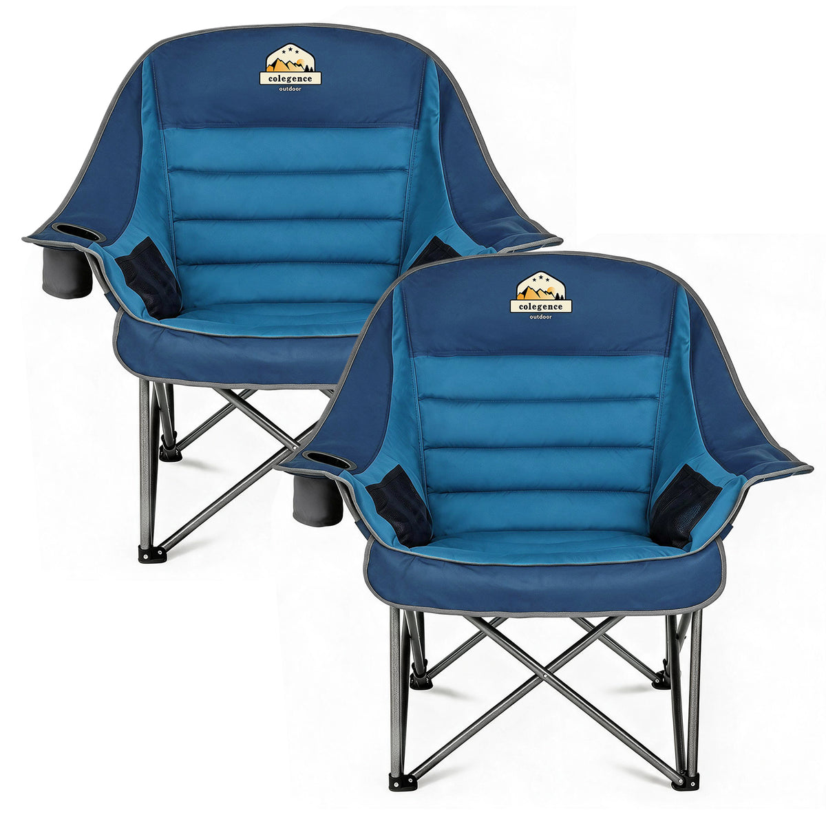 Oversized XL Padded Camping Chair Set of 2 Wide Heavy Duty Lawn Chairs Support 450 LBS Portable Folding Gaint Camp Chair with Side Pocket Cup Holder for Outdoor Outside Sports Baseball-Blue