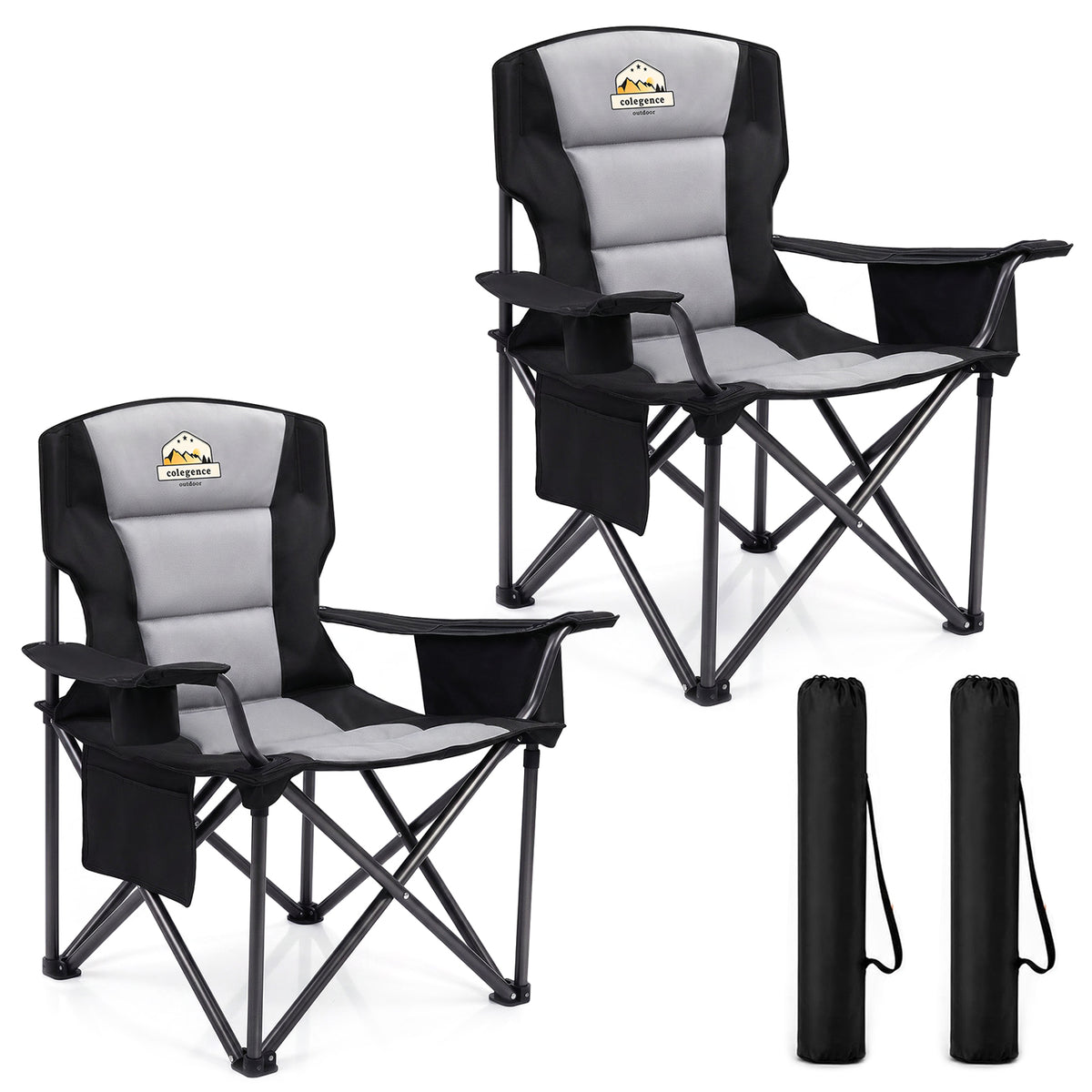 Oversized Folding Camping Chairs 2 Pack - 450 LBS Support Heavy Duty Camp Chair with Padded Cushion, Portable Outside Chairs with Carry Bag，Cooler, Cup Holder for Outdoor, Lawn, Sports - Black