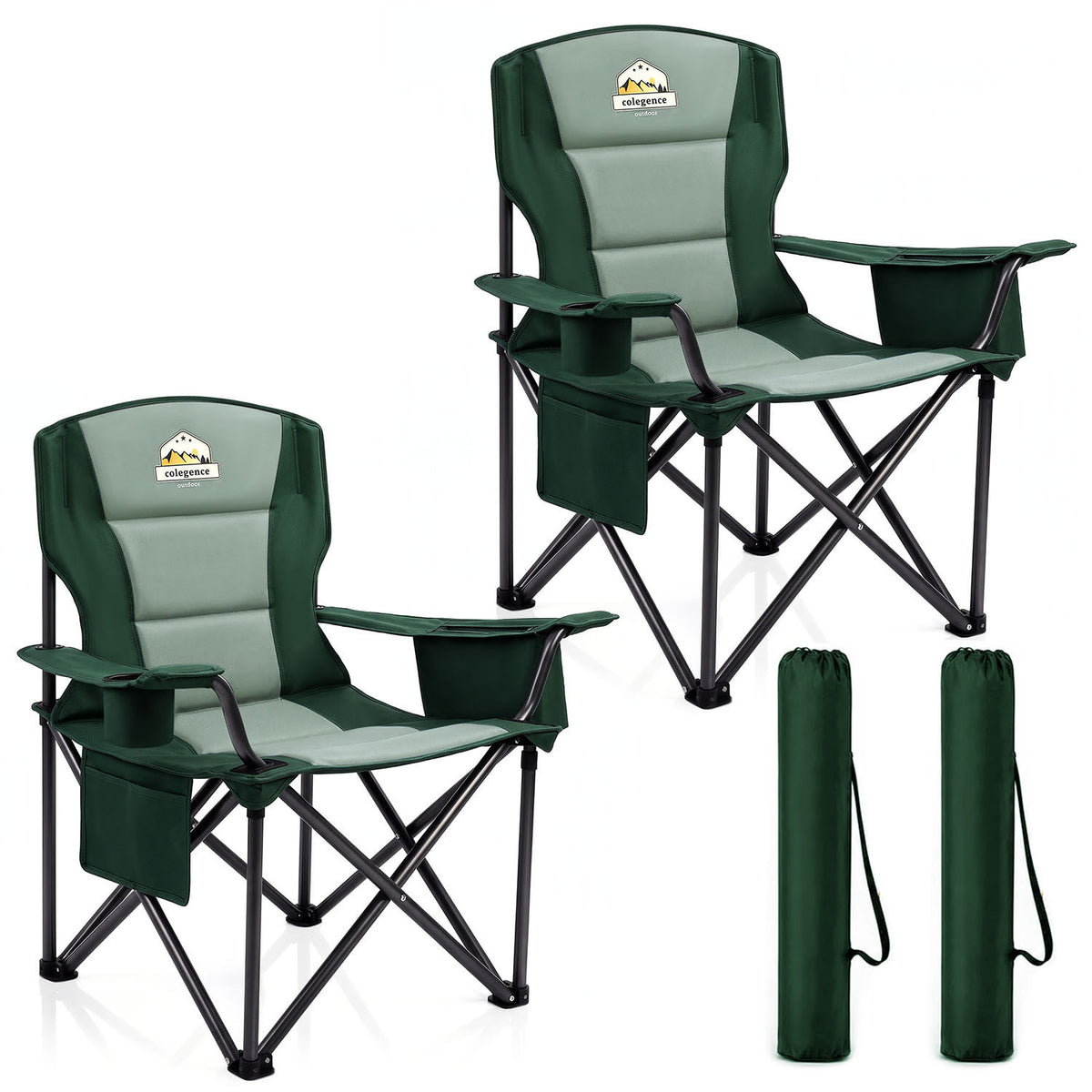 Heavy Duty Camping Chair for Adults 2 Pack, Oversized Heavy People Foldable Outside Camp Chairs Carry Bag Included, with Cooler Bag Cup Holder, Side Pocket for Lawn,Sport,Outdoor,Dark Green