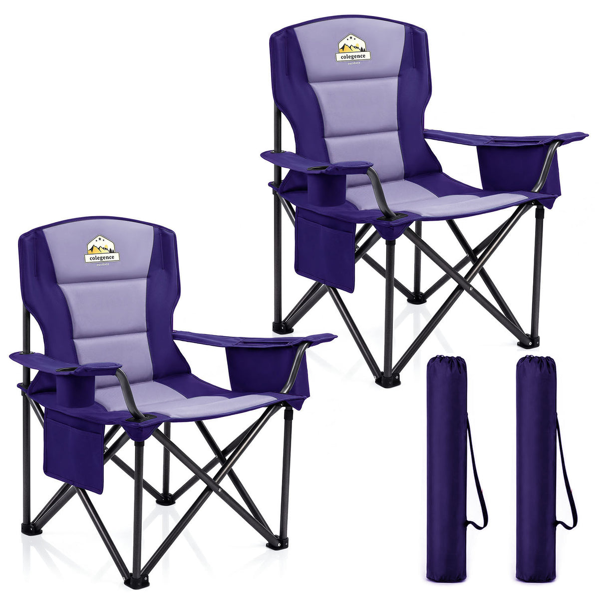 Heavy Duty Camping Chair for Adults 2 Pack, Oversized Foldable Outside Camp Chairs Carry Bag Included, with Cooler Bag Cup Holder, Side Pocket for Lawn,Sport,Outdoor,Deep Purple