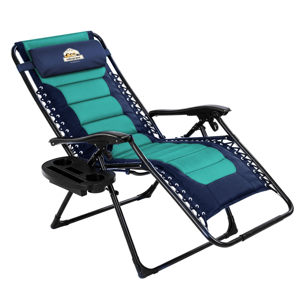 Oversized Padded Zero Gravity Lounge Chair, Foldable Patio Anti Gravity Reclining Chairs Folding Lawn Recliner with Cup Holder for Yard, Camping, Outdoor, Support 350 LBS, Navy&teal