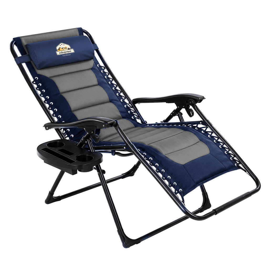Oversized Padded Zero Gravity Lounge Chair, Foldable Patio Anti Gravity Reclining Chairs Folding Lawn Recliner with Cup Holder for Yard, Camping, Outdoor, Support 350 LBS, Navy&gray