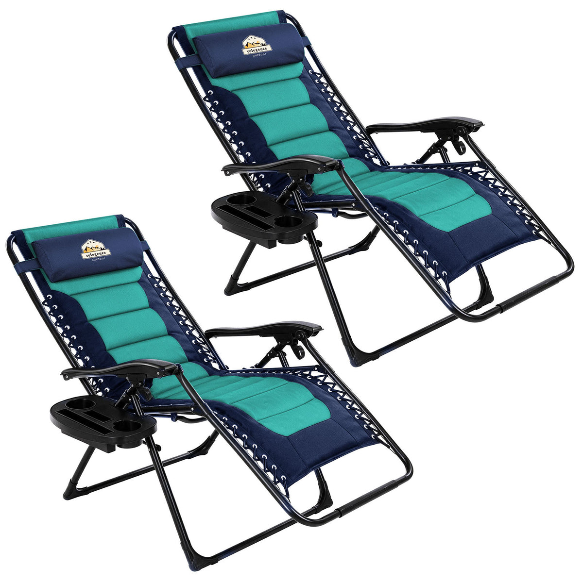 Oversized Padded Zero Gravity Lounge Chair 2 Pack, Foldable Patio Anti Gravity Reclining Chairs Folding Lawn Recliner with Cup Holder for Yard, Camping, Outdoor, Support 350 LBS, Navy&teal
