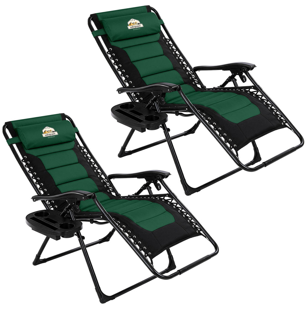Oversized Padded Zero Gravity Lounge Chair 2 Pack, Foldable Patio Anti Gravity Reclining Chairs Folding Lawn Recliner with Cup Holder for Yard, Camping, Outdoor, Support 350 LBS, Green