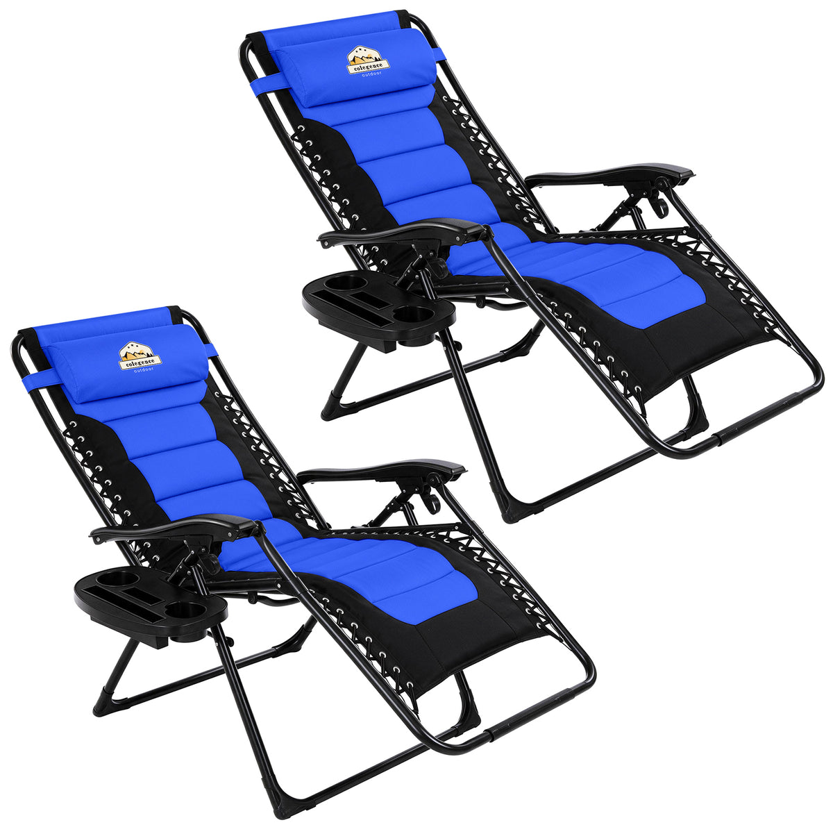 Oversized Padded Zero Gravity Lounge Chair 2 Pack, Foldable Patio Anti Gravity Reclining Chairs Folding Lawn Recliner with Cup Holder for Yard, Camping, Outdoor, Support 350 LBS, Blue
