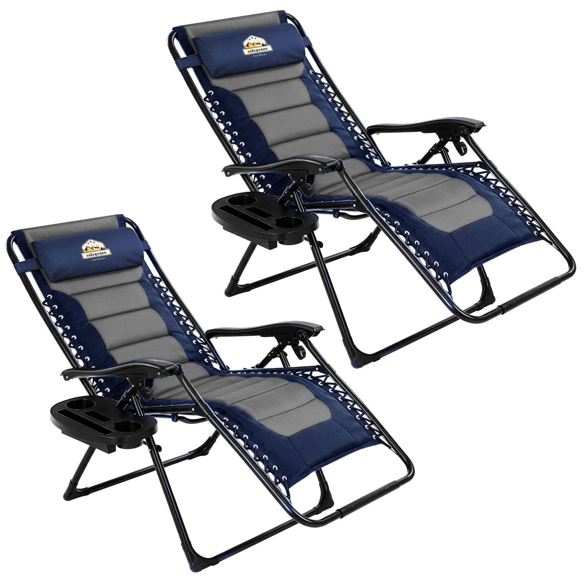 Oversized Padded Zero Gravity Lounge Chair 2 Pack, Foldable Patio Anti Gravity Reclining Chairs Folding Lawn Recliner with Cup Holder for Yard, Camping, Outdoor, Support 350 LBS, Navy&gray