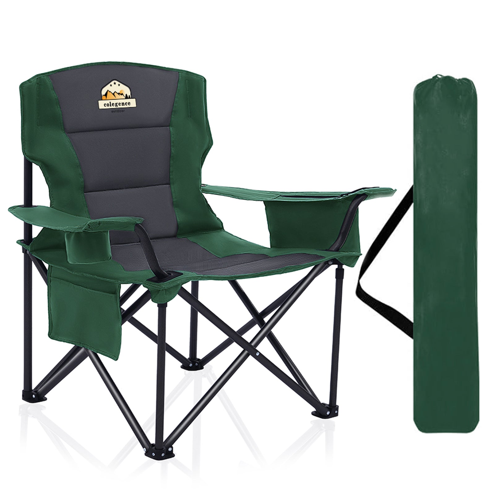 Oversized Folding Camping Chairs - 450 LBS Support Heavy Duty Camp Chair with Padded Cushion, Portable Outside Chairs with Carry Bag，Cooler, Cup Holder for Outdoor, Lawn, Sports - Green