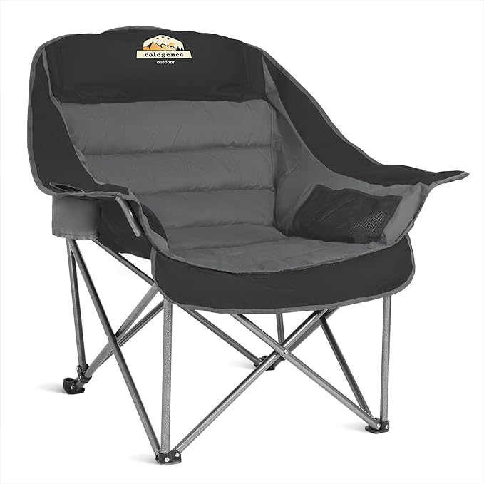 Oversized XL Padded Camping Chair Wide Heavy Duty Lawn Chairs Support 450 LBS Portable Folding Gaint Camp Chair with Side Pocket Cup Holder for Outdoor Outside Sports Baseball-Black&Grey